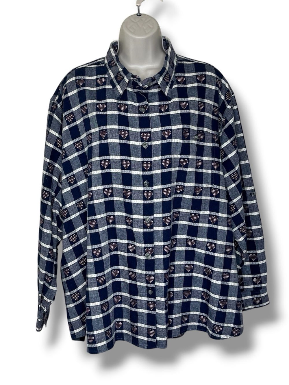 Vintage CST Sport Womens Plaid Button Front Shirt Navy Red White Hearts Size 4X